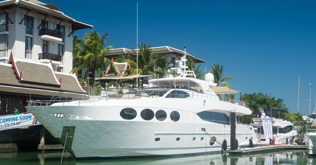 motor yacht lines up for the Phuket Boat Show in Thailand