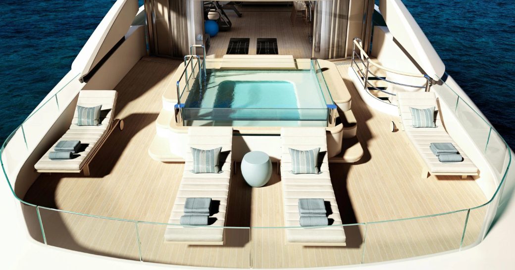 Aerial view rendering of the sun deck with Jacuzzi and sun loungers onboard superyacht charter O'MADELEINE