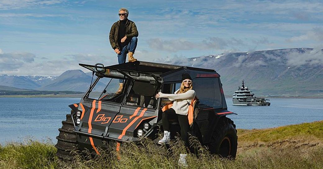 Guests enjoying a 4x4 vehicle on an expedition yacht vacation onboard MY Ragnar