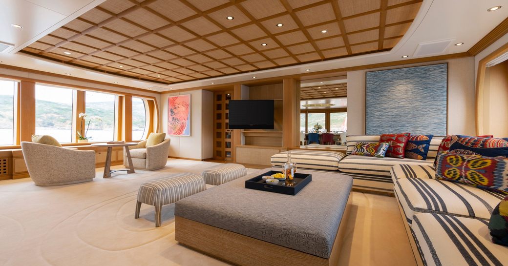 Main salon lounge and seating onboard charter yacht ADVENTURE