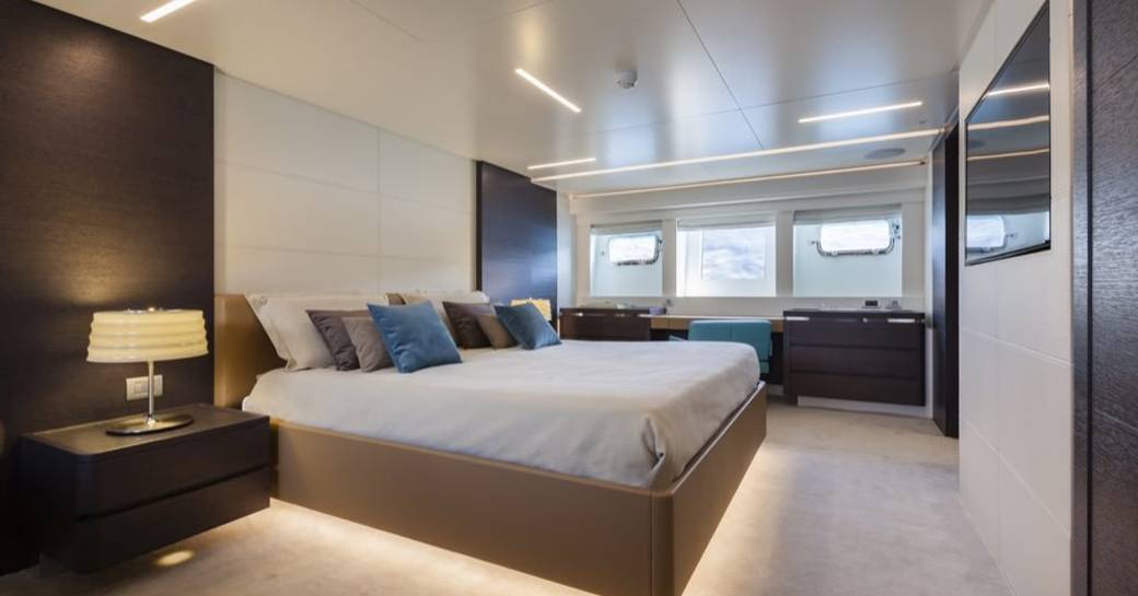 Master cabin onboard charter yacht 55 FIFTYFIVE with central berth and a vanity unit aft