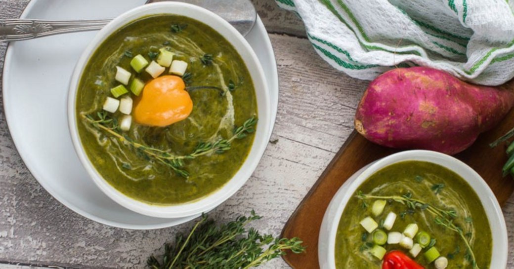 two bowls of Callaloo soup served in the Virgin Islands