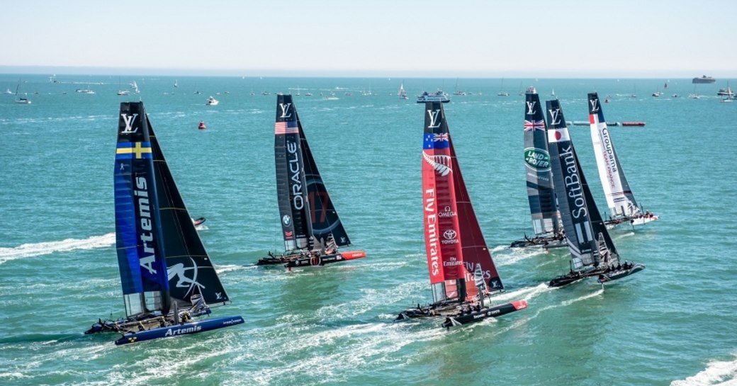 the six competitors of the 35th America's Cup line up in the waters of Bermuda