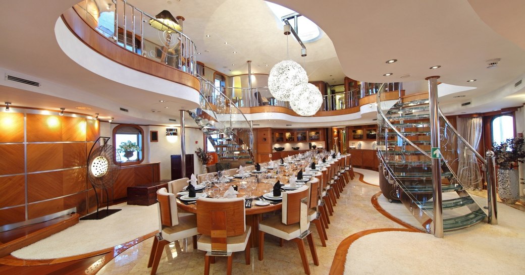 Stunning mezzanine dining room on board M/Y SHERAKHAN