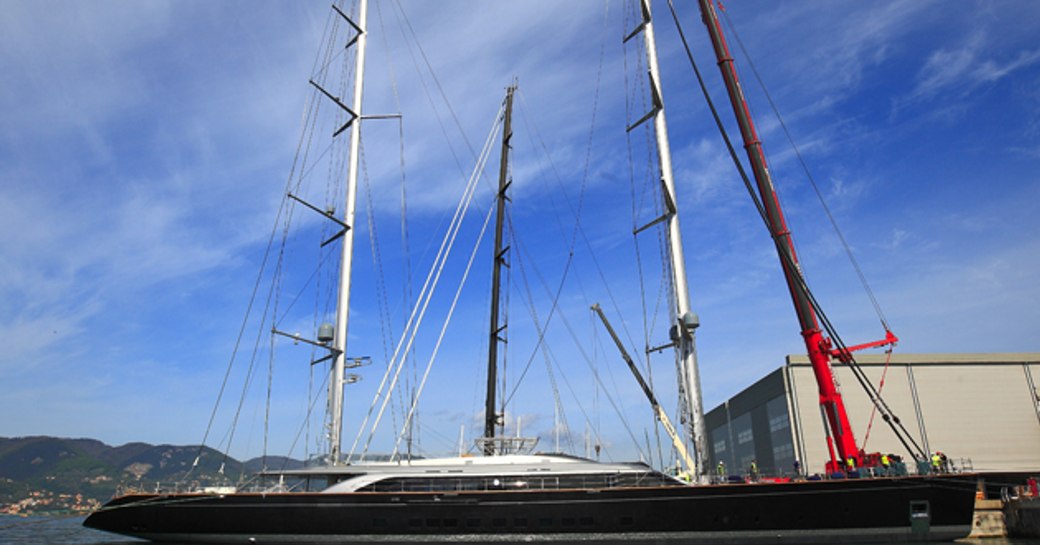 Sailing yacht SYBARIS at-anchor following her launch at the Perini Navi shipyard