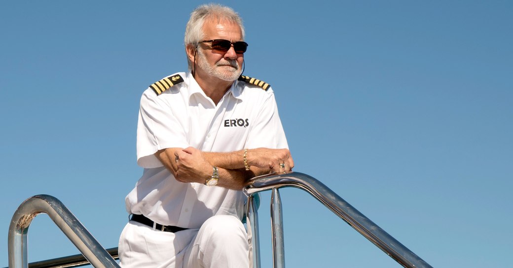 Captain Lee Rosbach on deck of Eros Yacht