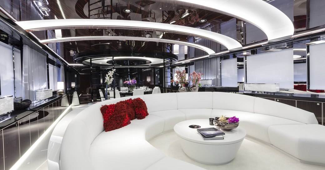 monochrome-themed main salon on board luxury yacht MYSKY