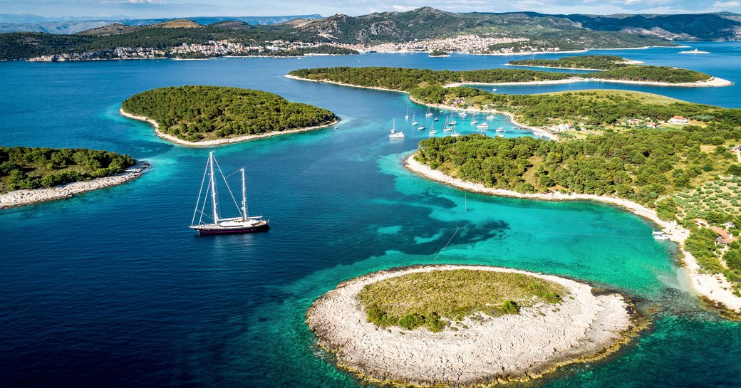 Overhead view looking down on Croatian archipelago