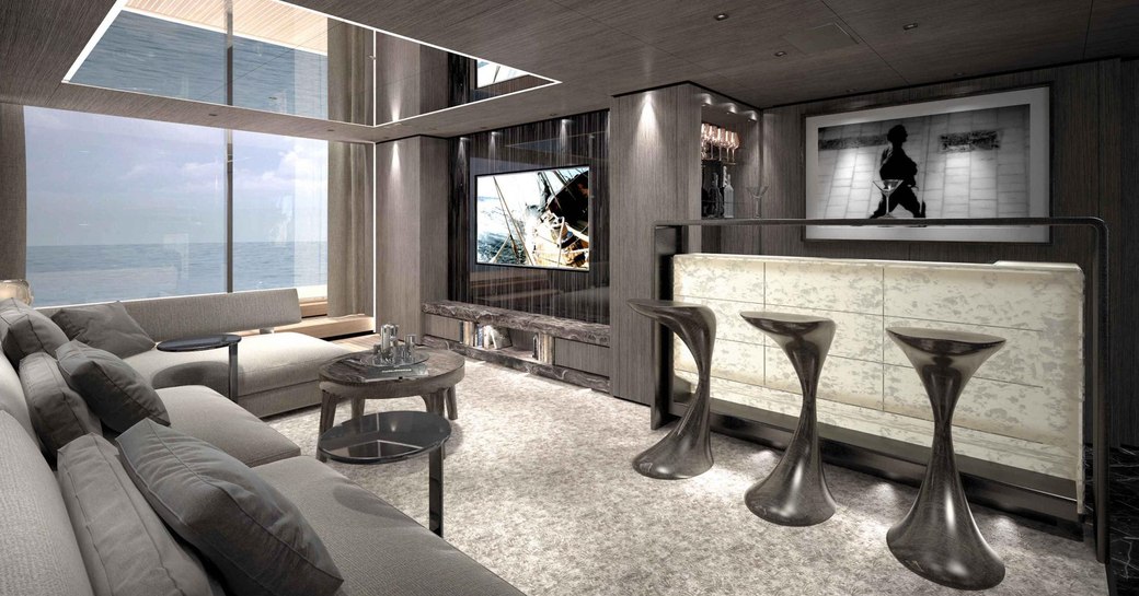 bar, sofa and TV in the beach club aboard charter yacht SOLO