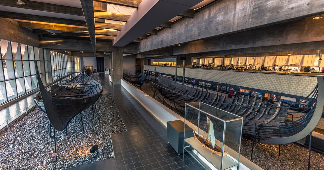 Viking ships inside the Viking Ship Museum of Roskilde, Denmark