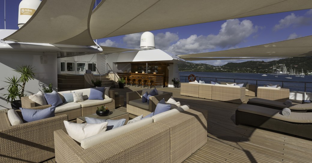 shaded seating areas on the sundeck of luxury yacht Lauren L 