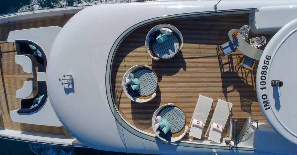 View from above of Superyacht BACA with comfortable seating and sun loungers