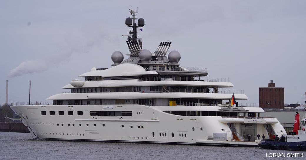 BLUE mega yacht leaving for sea trials