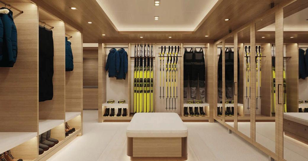 Storage room for water toys and equipment onboard charter yacht REV OCEAN