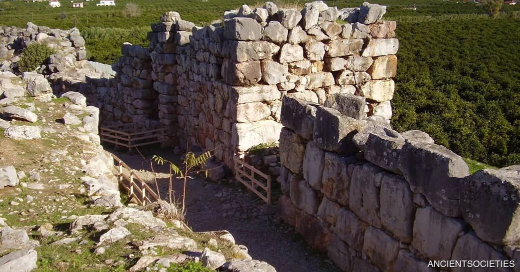 Elevated view of stone walls at the Mycenean Acropolis of Tiryns