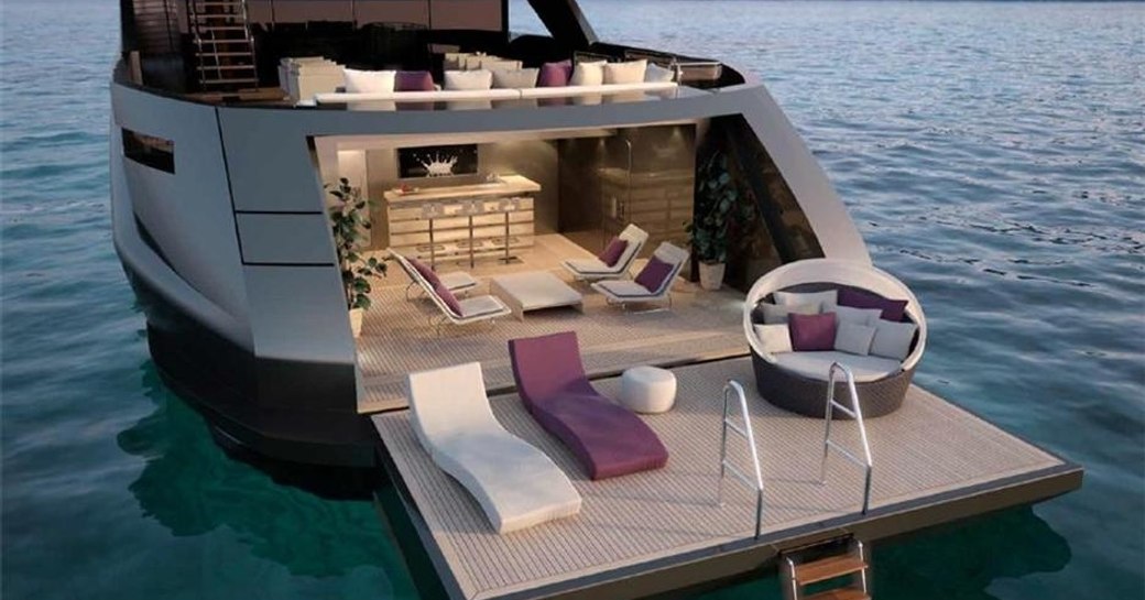 rendering of fold-down beach club on board charter yacht SARASTAR