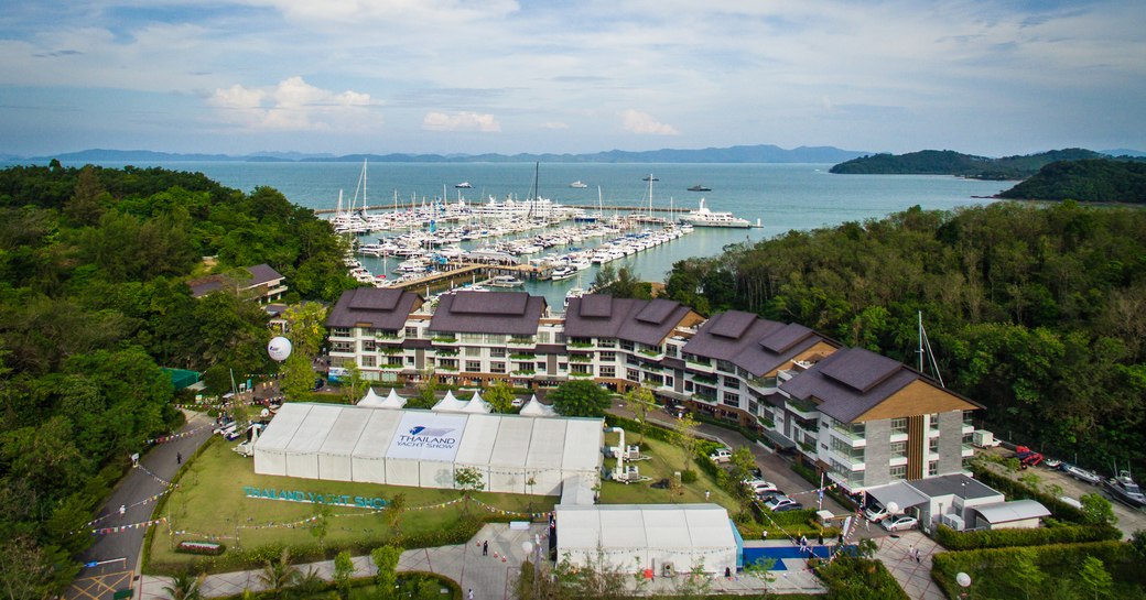 aerial view of Thailand Yacht Show 2016 taking in Ao Po Grand Marina and exhibitor pavilion