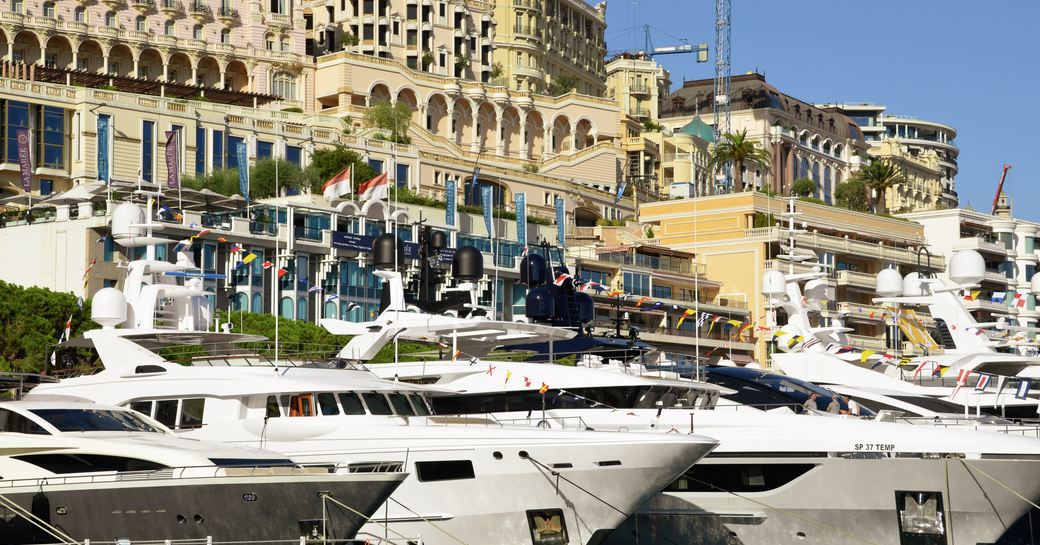 yachts lined up in Port Hercules for the Monaco Yacht Show 2018