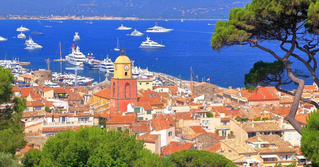 Views across St Tropez old town and the yacht-filled Mediterranean