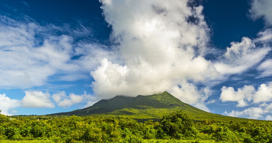 clouds swirl around Nevis Peak on the Caribbean island of Nevis