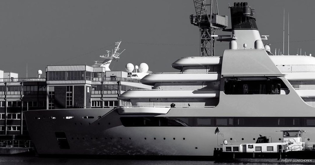 A black and white image of new superyacht Solaris