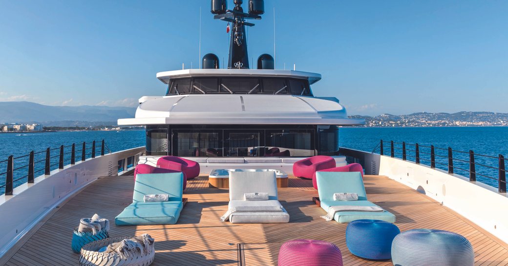 Exteriors onboard charter yacht RIO with loungers and surrounding sea views