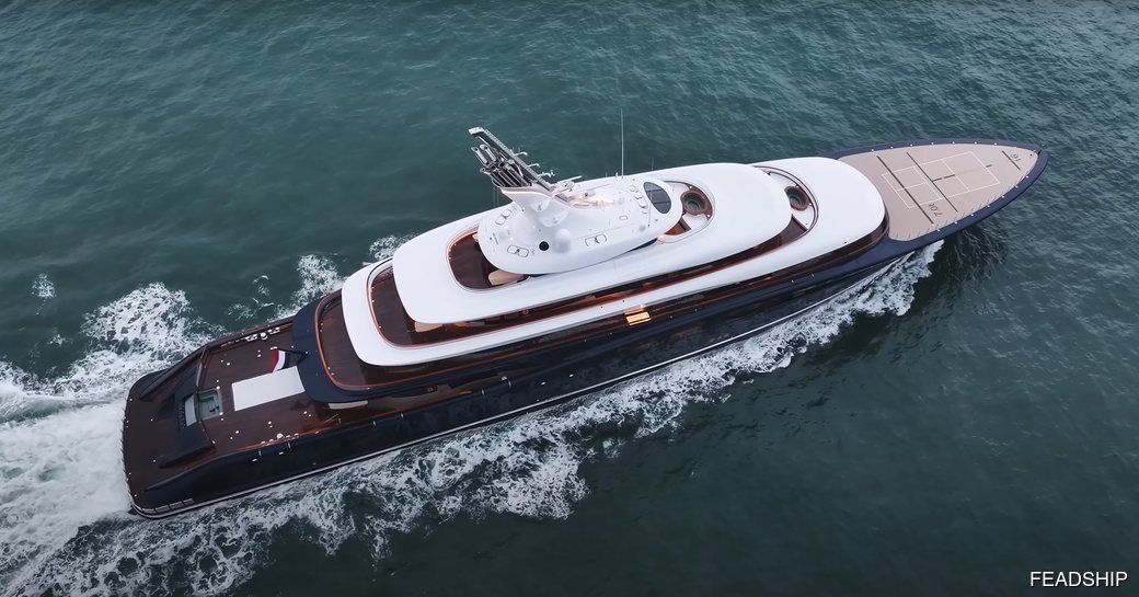 Overhead view looking down on Feadship Project 821 at sea