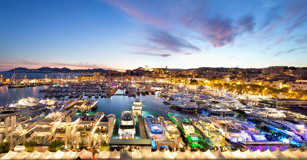 Luxury yachts in the evening at Cannes yachting festival