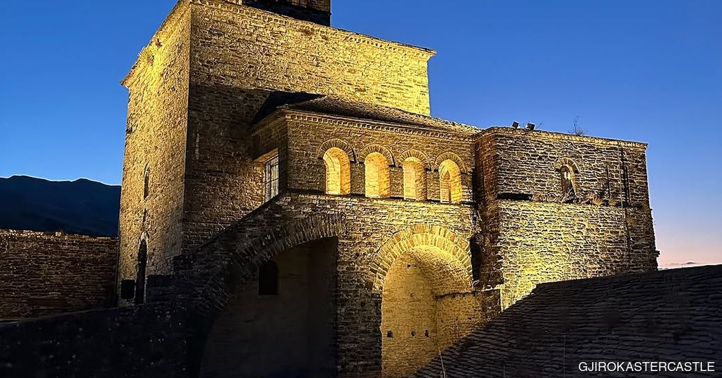View of Gjirokastra Castle at dusk.