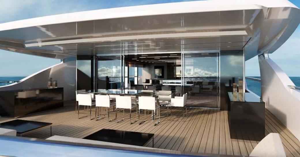 rendering of the alfresco dining area on board luxury yacht Seven Sins 