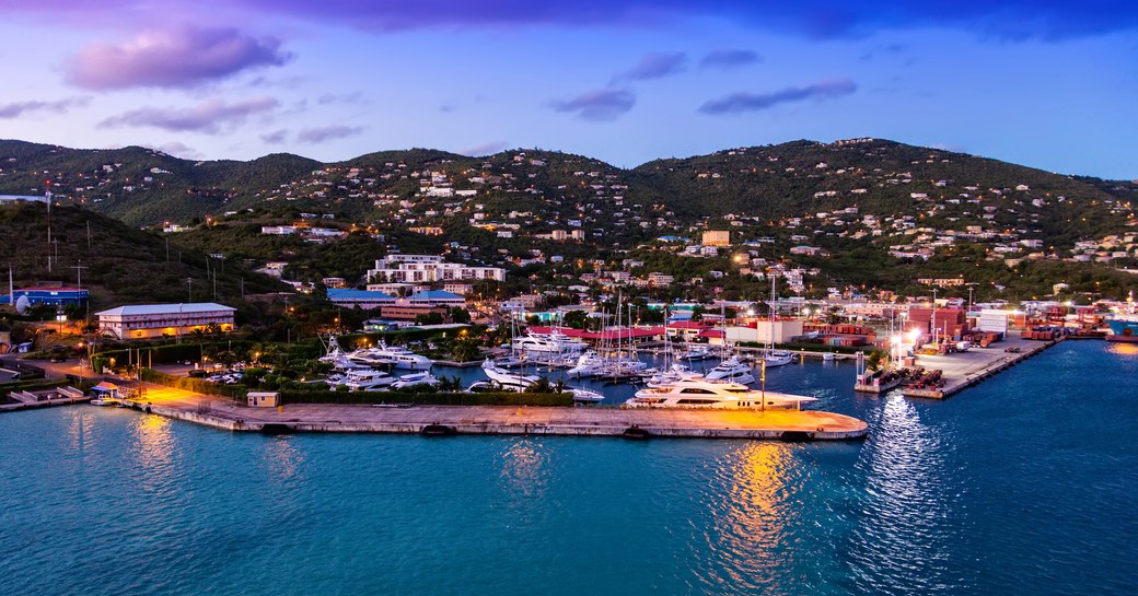 Elevated view looking into Saint Thomas Harbor at dusk
