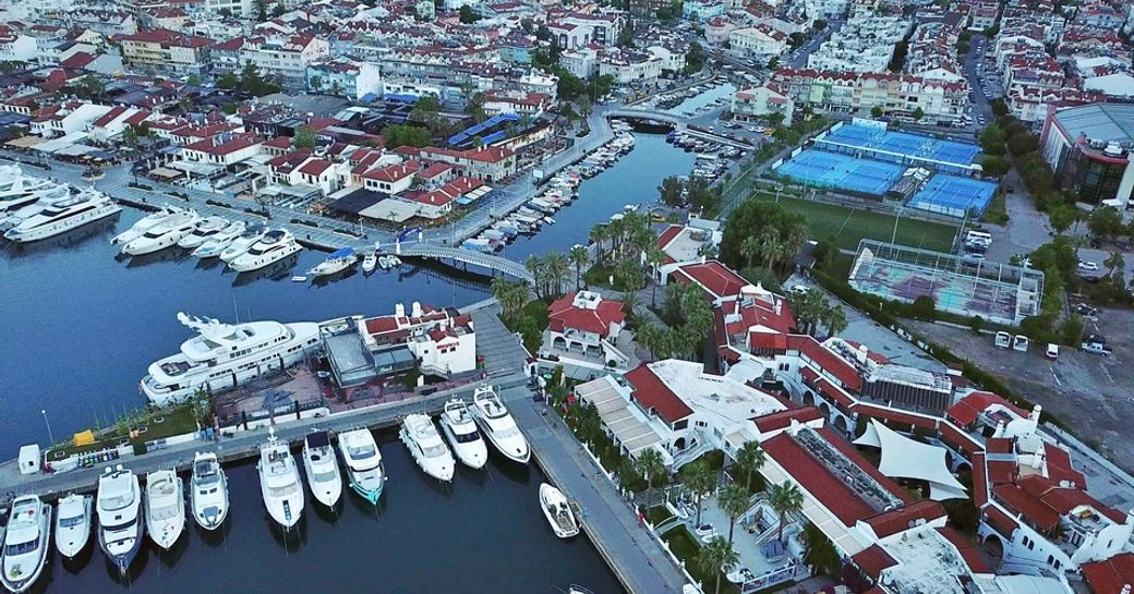 Overhead view of motor yacht charters berthed in Setur Netsel Marmaris Marina