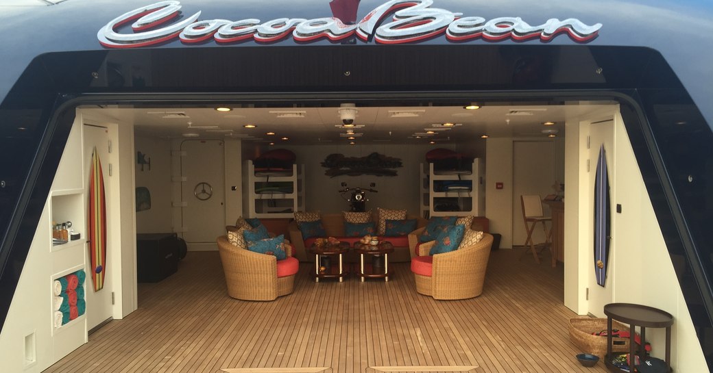 The beach club of superyacht Cocoa Bean