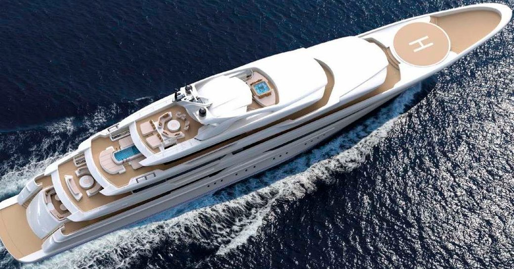 aerial shot of golden yacht's O'pari and her spacious outer decks which feature swim platform alfresco dining area, outer lounging arrangement and helipad