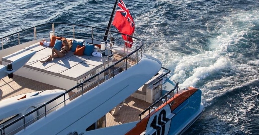 Overhead view of AURELIA takes in sundeck aft and number 10 on her hull