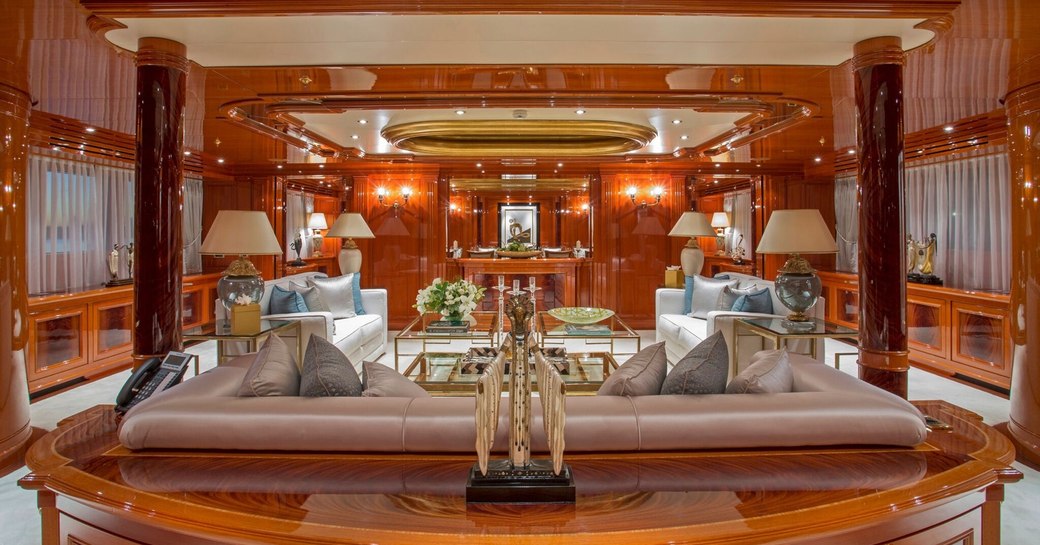 The glossy woodwork featured on board luxury yacht 'Double Down'