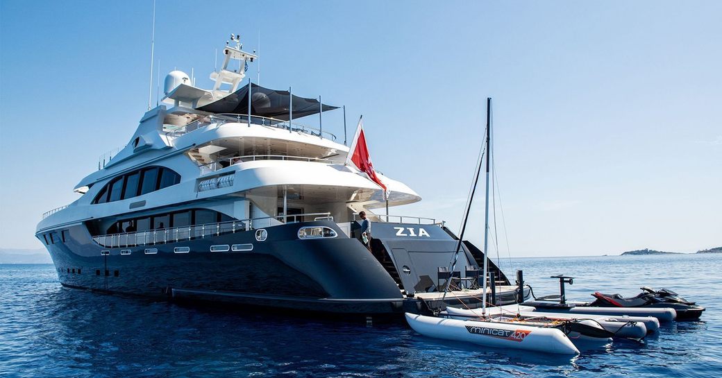 Aft view of charter yacht ZIA with water toys