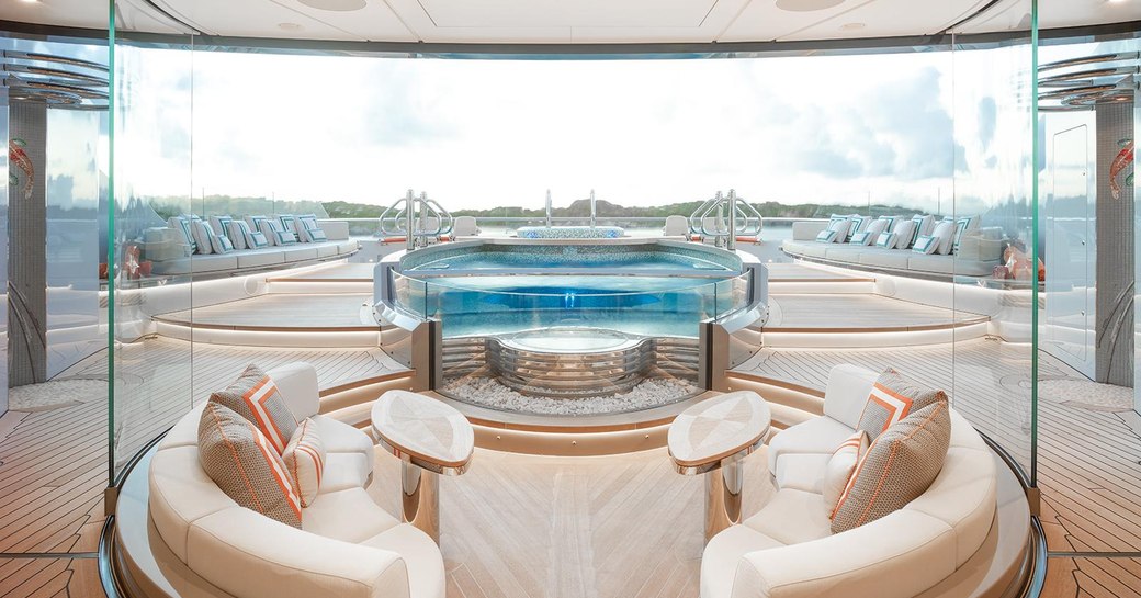 seating and pool on the sundeck of motor yacht KISMET 