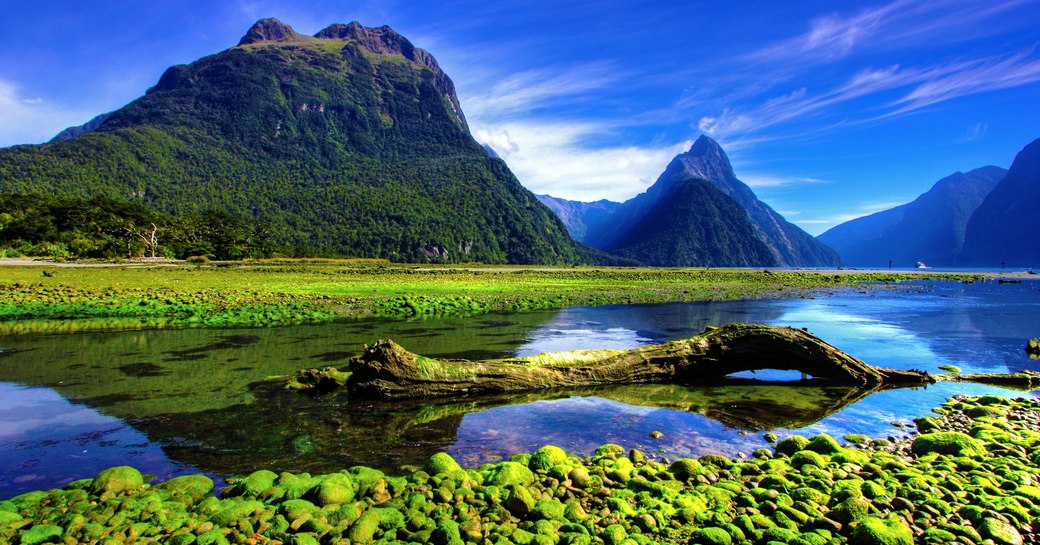 Mountains and water of Milford Sound in New Zealand