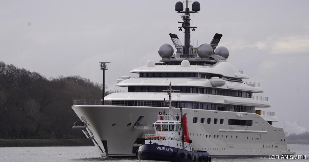 exterior glance of the 160m mega yacht BLUE leaving for sea trials 