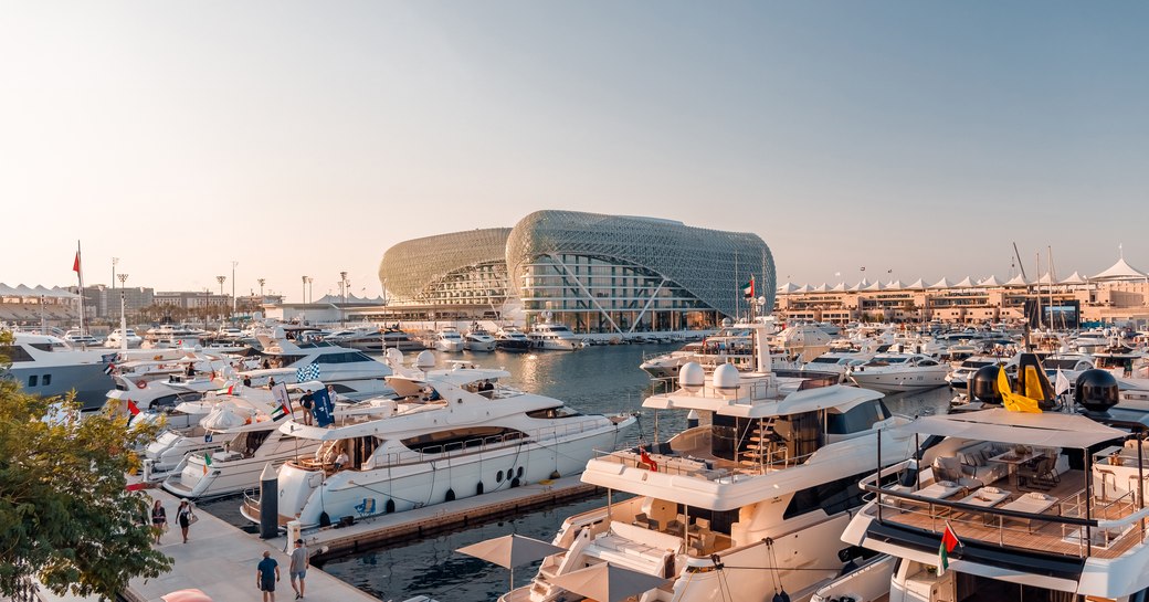 superyachts line up in track-view berths in Yas Marina for the Abu Dhabi Grand Prix