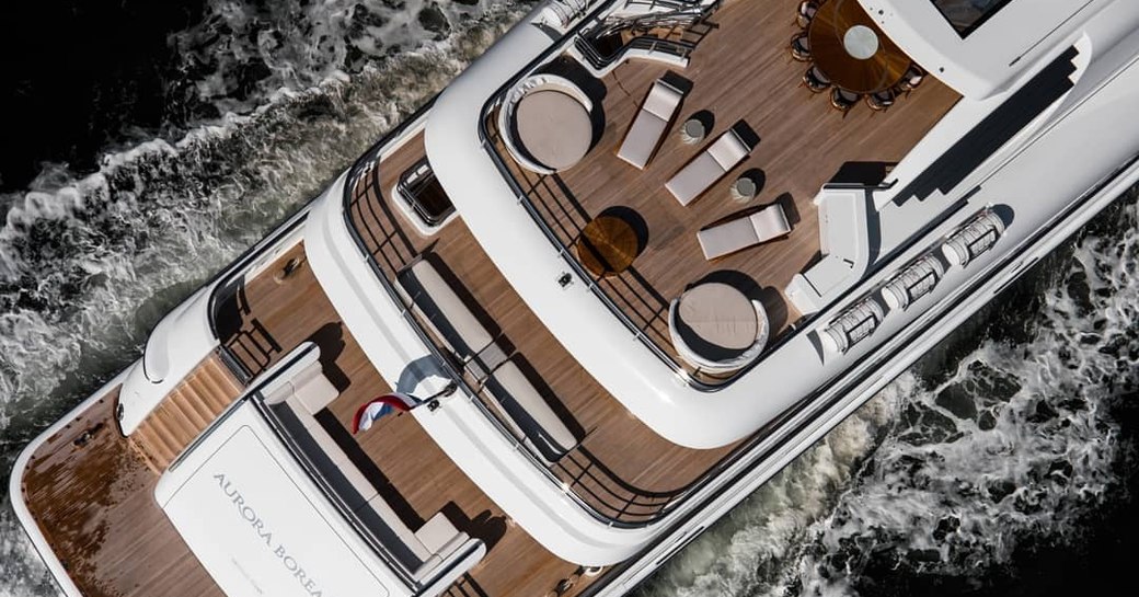 Aft decks aeria view of luxury yacht Aurora Borealis