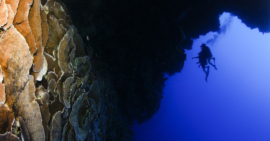 Scuba diver in distance of blue hole in Egypt