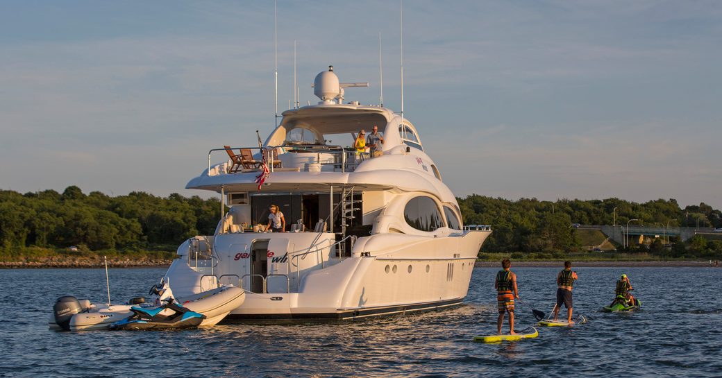 charter guests try out the water toys when a luxury yacht charter aboard luxury yacht ‘Gale Winds’ 