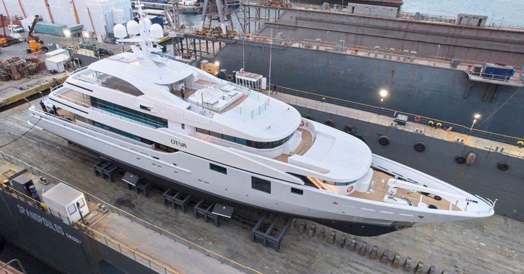 superyacht o'eva sporting new hull at her relaunch in greece