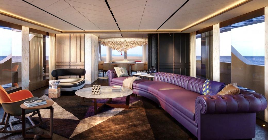 Interiors onboard superyacht charter RAJA² with purple seating