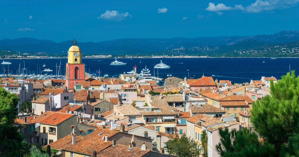 View over the old town of St Tropez and acorss the yacht-filled Mediterranean