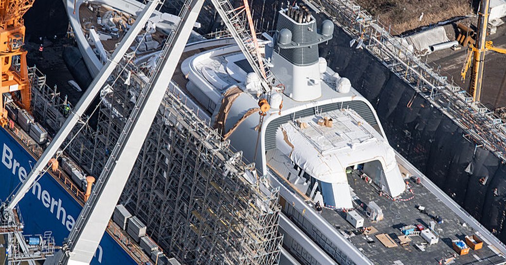 Close up of megayacht Project Solaris under construction