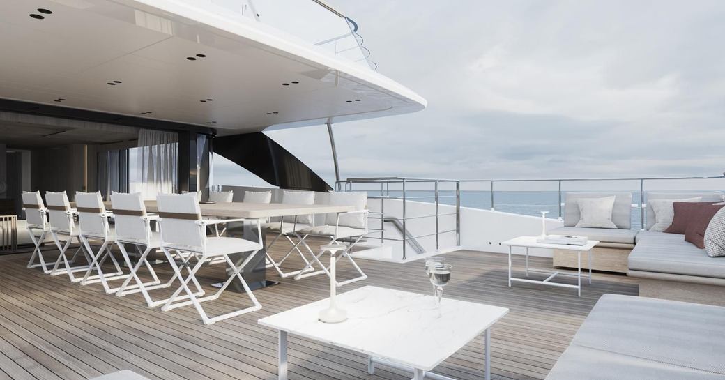 Alfresco dining rendering with white table and directors chairs onboard charter yacht ANDIAMO