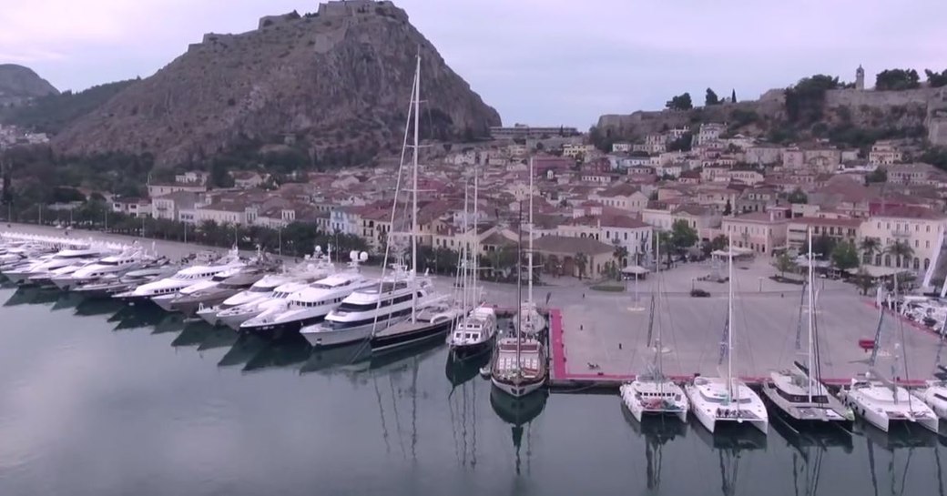 Yachts lined up at Nafplion, Greece, for the Mediterranean Yacht Show 2016